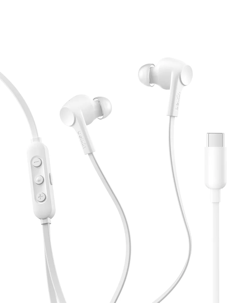 Belkin SoundForm Active Noise Cancelling Earbuds Wired with USB C Connector, IPX5-Rated, in-Ear Earphones w/Microphone for iPhone 17/16/15, iPad mini, Galaxy S25, Google Pixel 10, & More - White