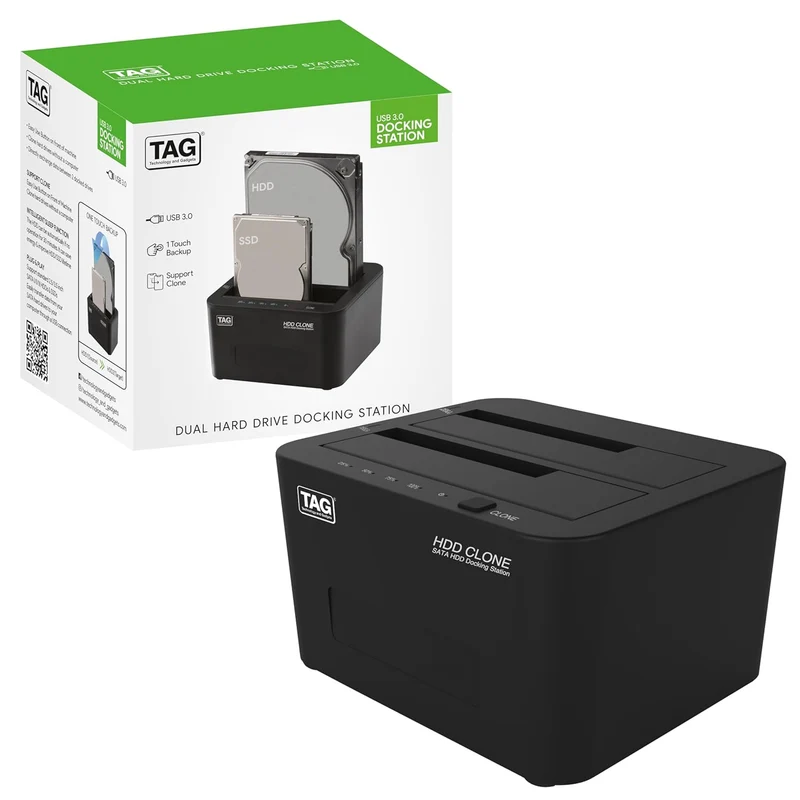 TAG USB 3.0 Dual Bay External Hard Drive Docking Station | USB 3.0 to SATA I/II/III for 2.5 or 3.5in HDD, SSD | One Click Offline Clone Function | Auto Sleep | 5Gbps Transfer Speed | 16TB Support
