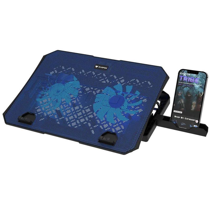 EvoFox Frost Laptop Cooling Pad with Phone Stand, 1000 RPM 2X Silent Fans, 5 Adjustable Angles, LED Lights, Durable Metal Mesh Surface, Ergonomic Stand for Laptops up to 15.6 inches