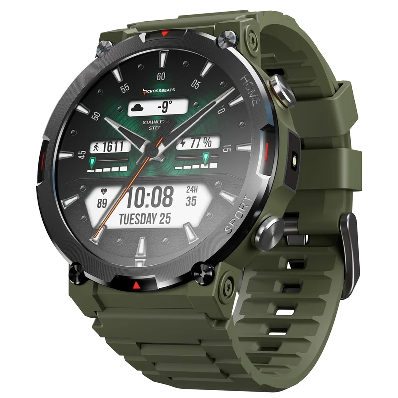 CrossBeats Everest 2.0 Smart watch for Men 1.43" True AMOLED, Always ON Display Bluetooth Calling Rugged Outdoor with Flash Light Upto 15 Days Battery Life Smartwatch 100+ sports mode (Military Green)