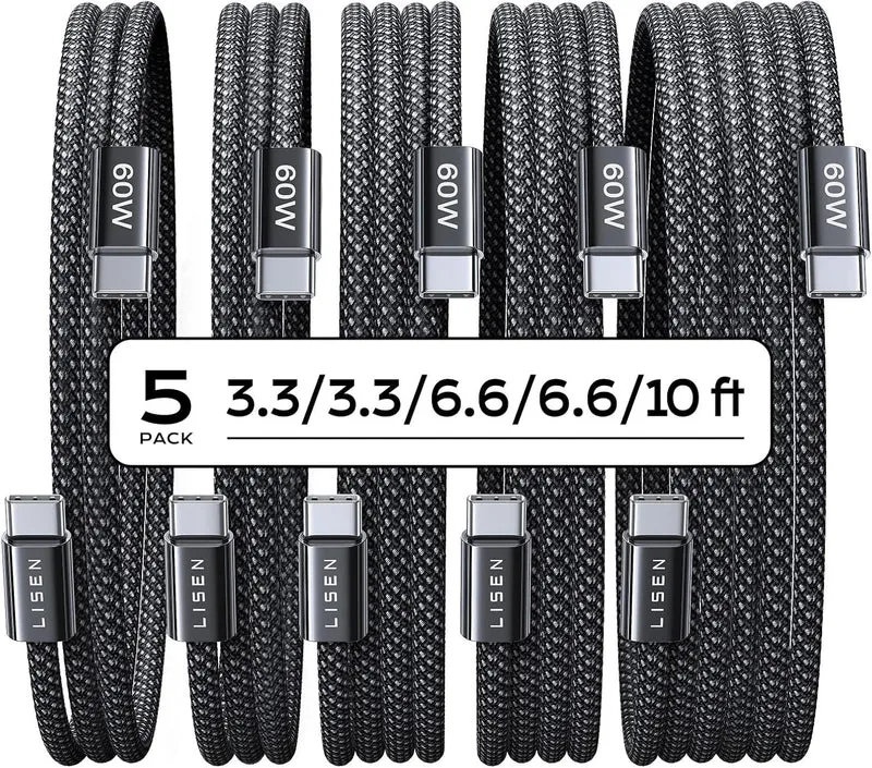 LISEN USB-C-Kabel, 5er-Pack [3,3/3,3/6,6/6,6/10 Fuß]