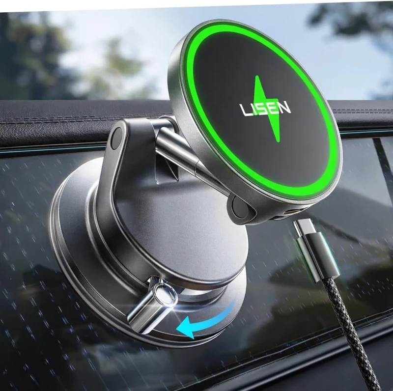 LISEN für 15W MagSafe-Autohalterung mit Ladefunktion, magnetische Handyhalterungen für Ihr Auto, magnetisches kabelloses Autoladegerät, Saugnapf-Handyhalterung für Autozubehör für LKW Jeep für iPhone 17 Pro Max 16 15 14 13 12