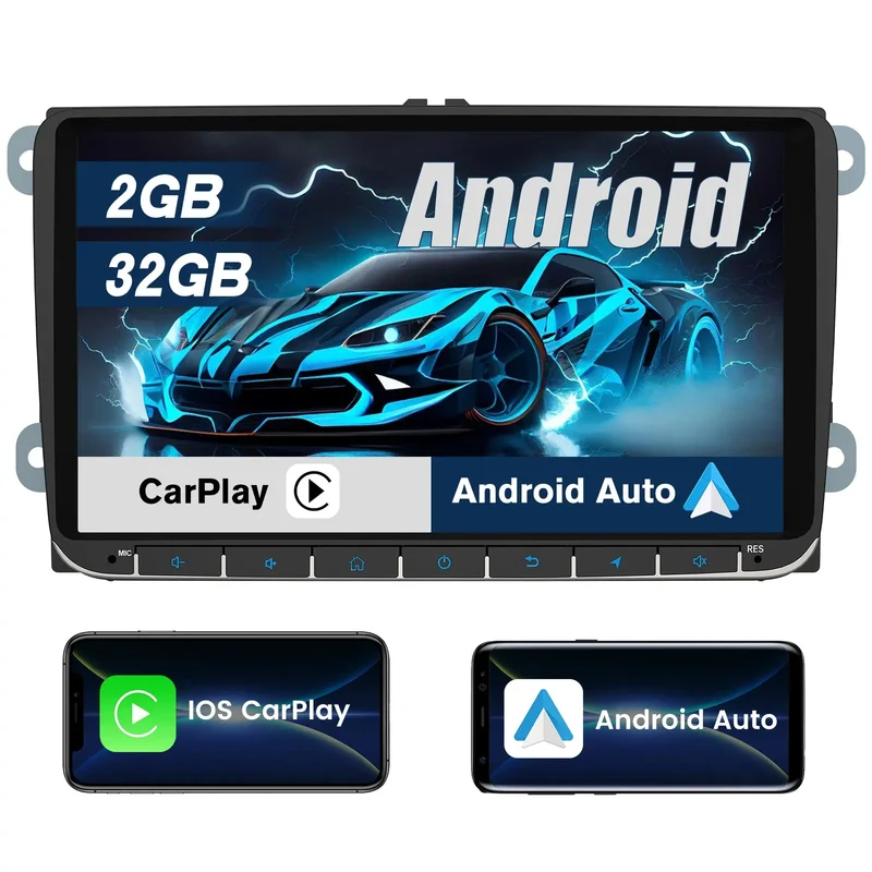 AWESAFE Android 13 Radio Coche 2GB+32GB con Pantalla Táctil para VW, Autoradio 9'' con CarPlay/Android Auto/Mirror Link, Admite WiFi/GPS/Bluetooth/RDS/USB/FM/Mandos del Volante y Cámara Trasera