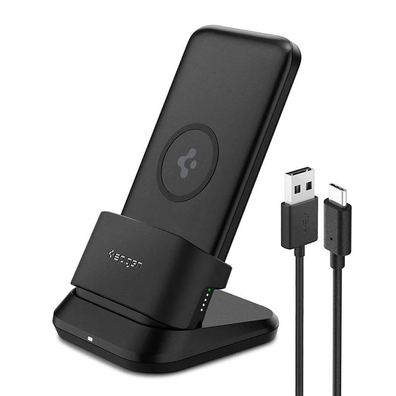Spigen 3in1 10000mAh Wireless Charging Power Bank with USB-A | USB-C 20W Fast Charging, Included USB-A to USB-C Cable, Lithium Polymer - Black
