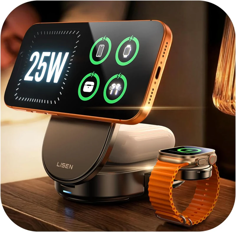 LISEN 3-in-1 kabelloses Ladegerät für Apple, Qi2 25W Schnellladegerät kabellose Ladestation für iPhone 17 16 15 14 13 12 Watch Airpods, für Magsafe Ladestation als Geschenk für Ehemänner, Männer und Frauen