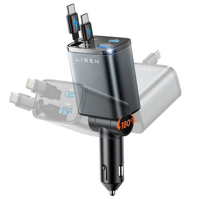 LISEN Versenkbares Kfz-Ladegerät USB C [Verbessertes Dual Type C] 75W Schnellladefunktion 4-in-1 Kfz-Ladegerät für iPhone 17, Road Trip Essentials Geschenke für Männer Frauen, Auto Zubehör für Galaxy S26 Phone 17e 16 15 Pro Max
