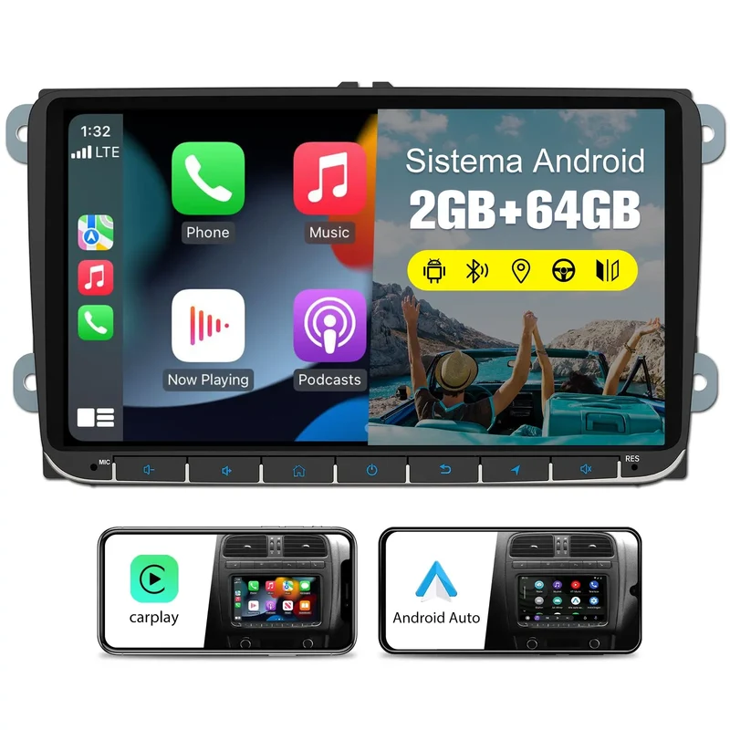 AWESAFE Android Car Stereo Para VW Sistema Actualización de Radio de Pantalla Táctil con Carplay Inalámbrico Android Auto, Soporte Bluetooth WiFi Navegación GPS