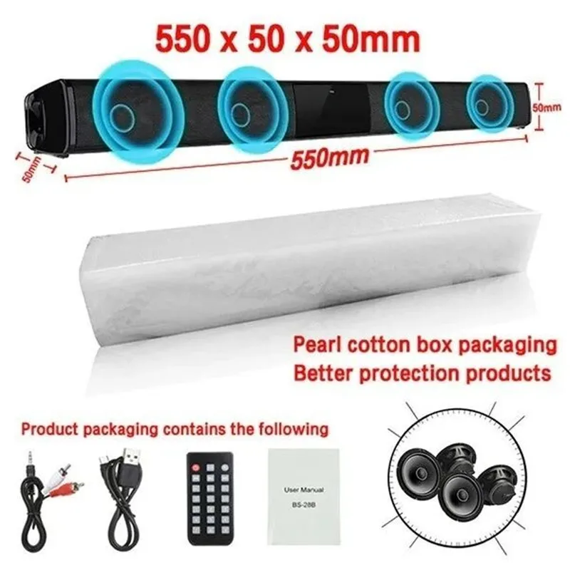 Soundbar HIFI Wireless Bluetooth Speaker Home Theater TV Computer Echo Wall Stereo Surround FM Radio Remote Control Subwoofer