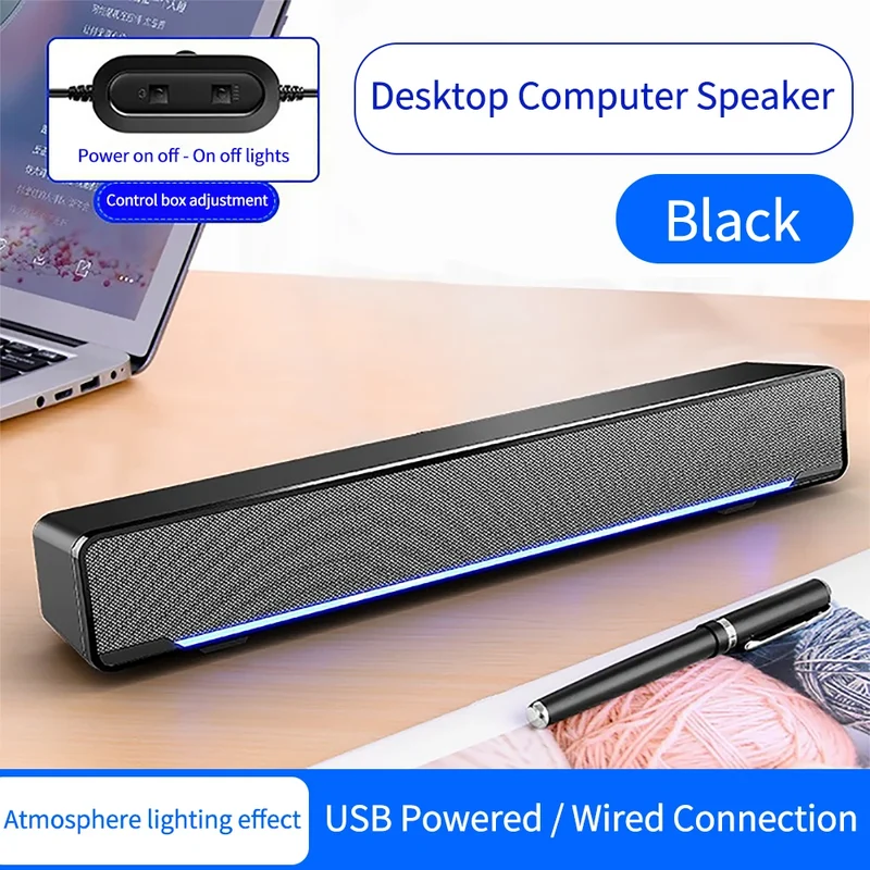 V-196 USB Wired Computer Speaker Bar Stereo Subwoofer Colorful Atmosphere Light Powerful Music Player Bass Surround Sound Box