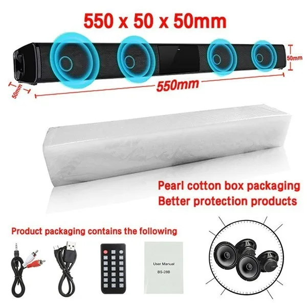 40W TV Soundbar Wired and Wireless Bluetooth Speaker Home Cinema Sound System Stereo Surround with FM Radio Music Center Boombox