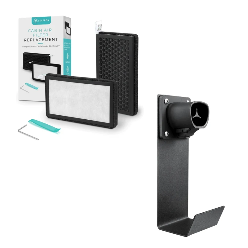 Lectron Tesla Model 3/Y Accessories Kit - NACS EV Charger Nozzle Holster Dock & J-Hook + Cabin Air Filter Replacement