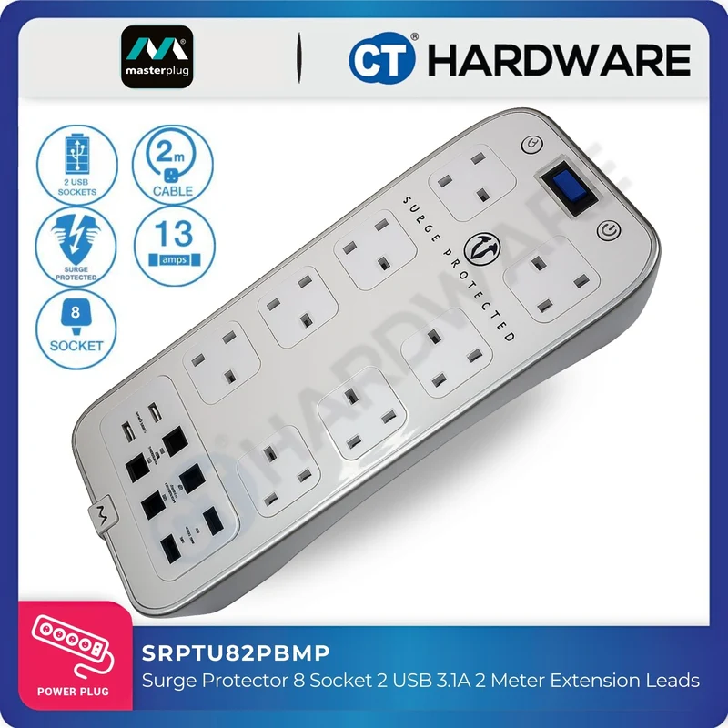 Masterplug SRPTU82PBMP 8 Way Surge Protected USB Power Centre