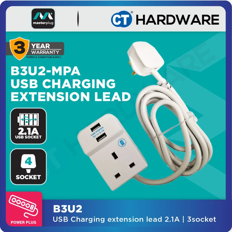 Masterplug B3U2 3-Socket 13A Extension Lead | 2 USB 2.1A (2m)
