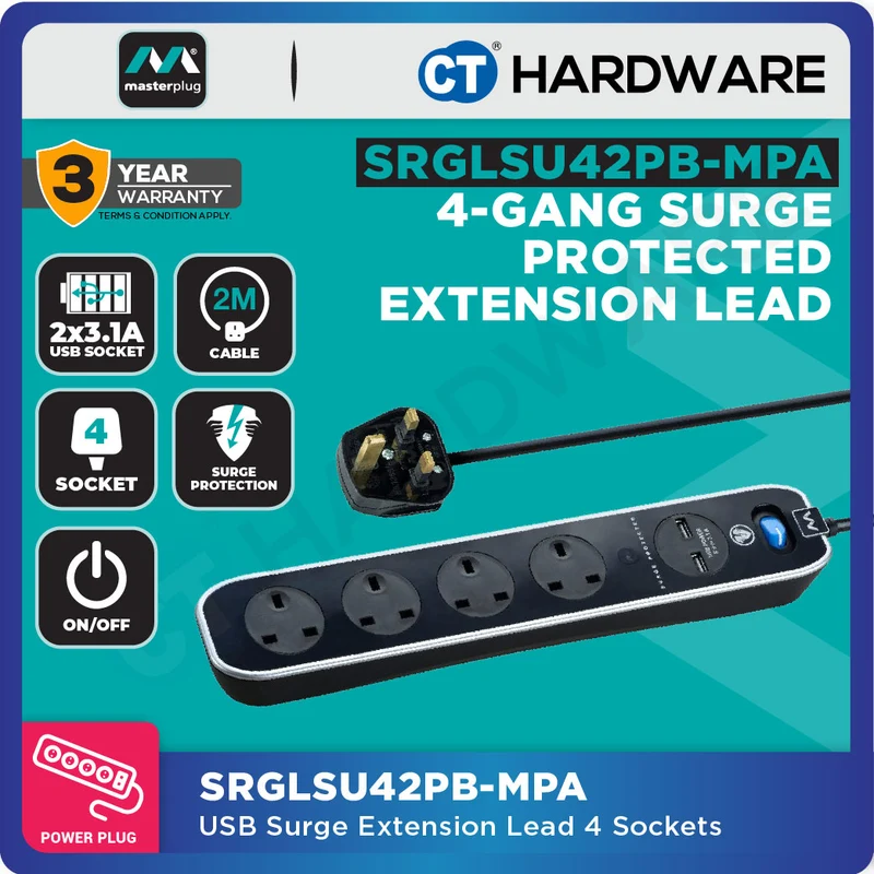 Masterplug SRGLSU42PB-MPA 4-Gang Surge Protected Extension Lead | 2 USB 3.1A (2m)
