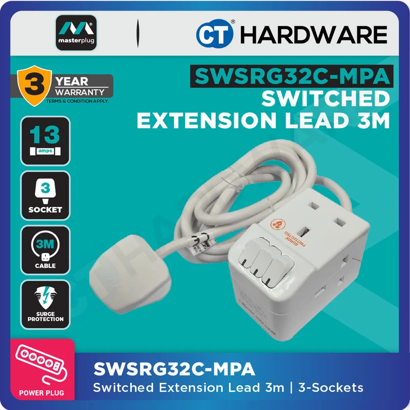 Masterplug SWSRG32C Switched Extension Lead 3m | 3-Sockets | 13A