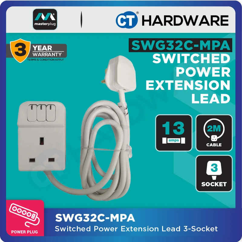 MasterPlug SWG32C Switched Power Extension Lead | 3 Socket