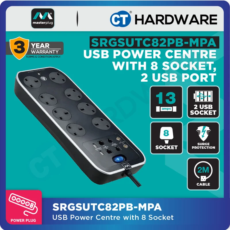 Masterplug SRGSUTC82PB-MPA Surge Protected Power Strip 8-Gang | 2 USB