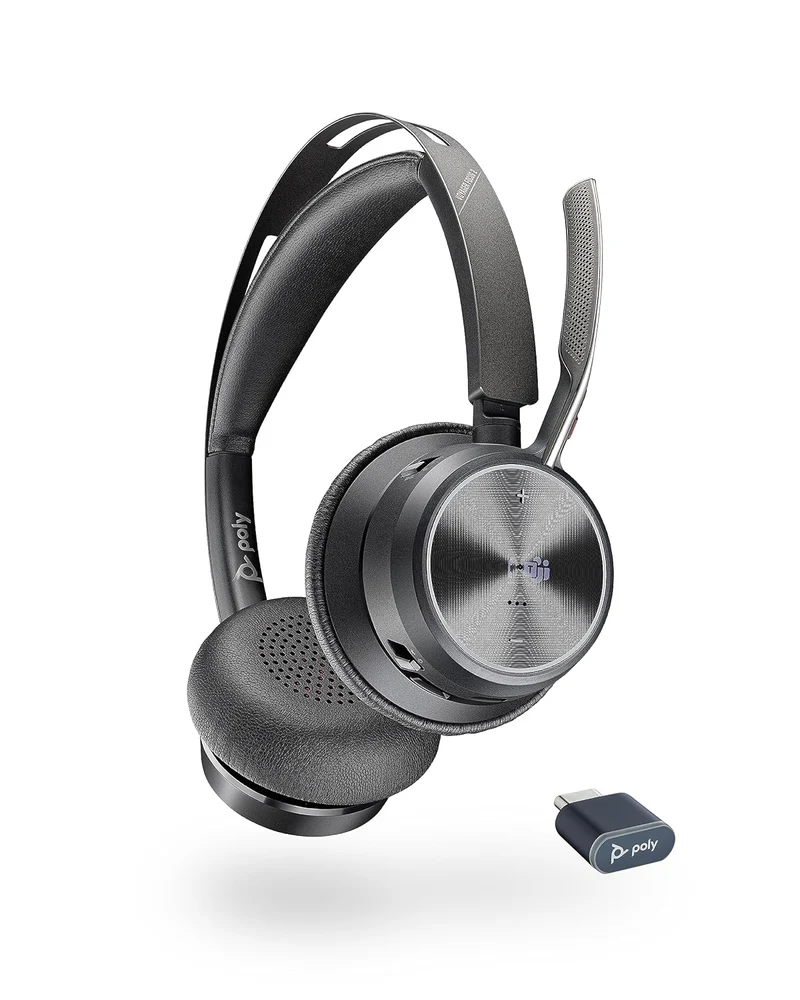 Poly (Plantronics) Voyager Focus 2 Wireless Headset, On-Ear w/Noise-canceling mic, ANC, 175 g, PC via BT700 Bluetooth Adapter/Smartphone via Bluetooth, Up to 25 Hours Talk time, Black-Grey, 8G113AA